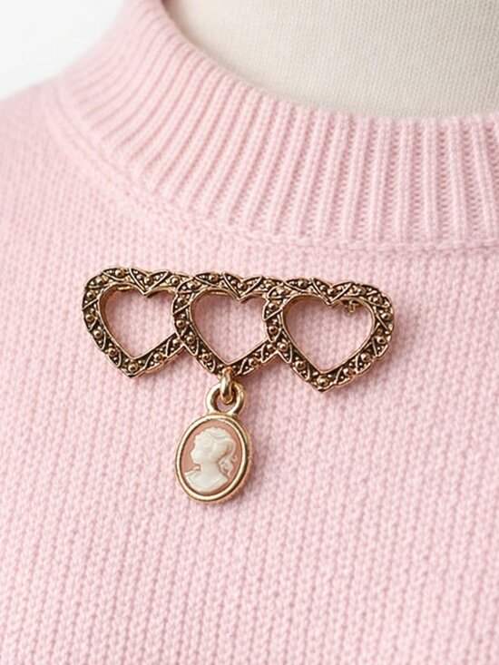 Jewelry - Triple Heart Gold Tone Brooch with Cameo